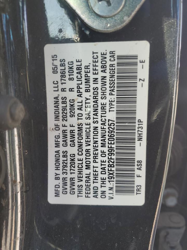 2015 Honda Civic VIN 19XFB2F99FE069257 Copart auction photo, rear end / side damage thumbnail 14