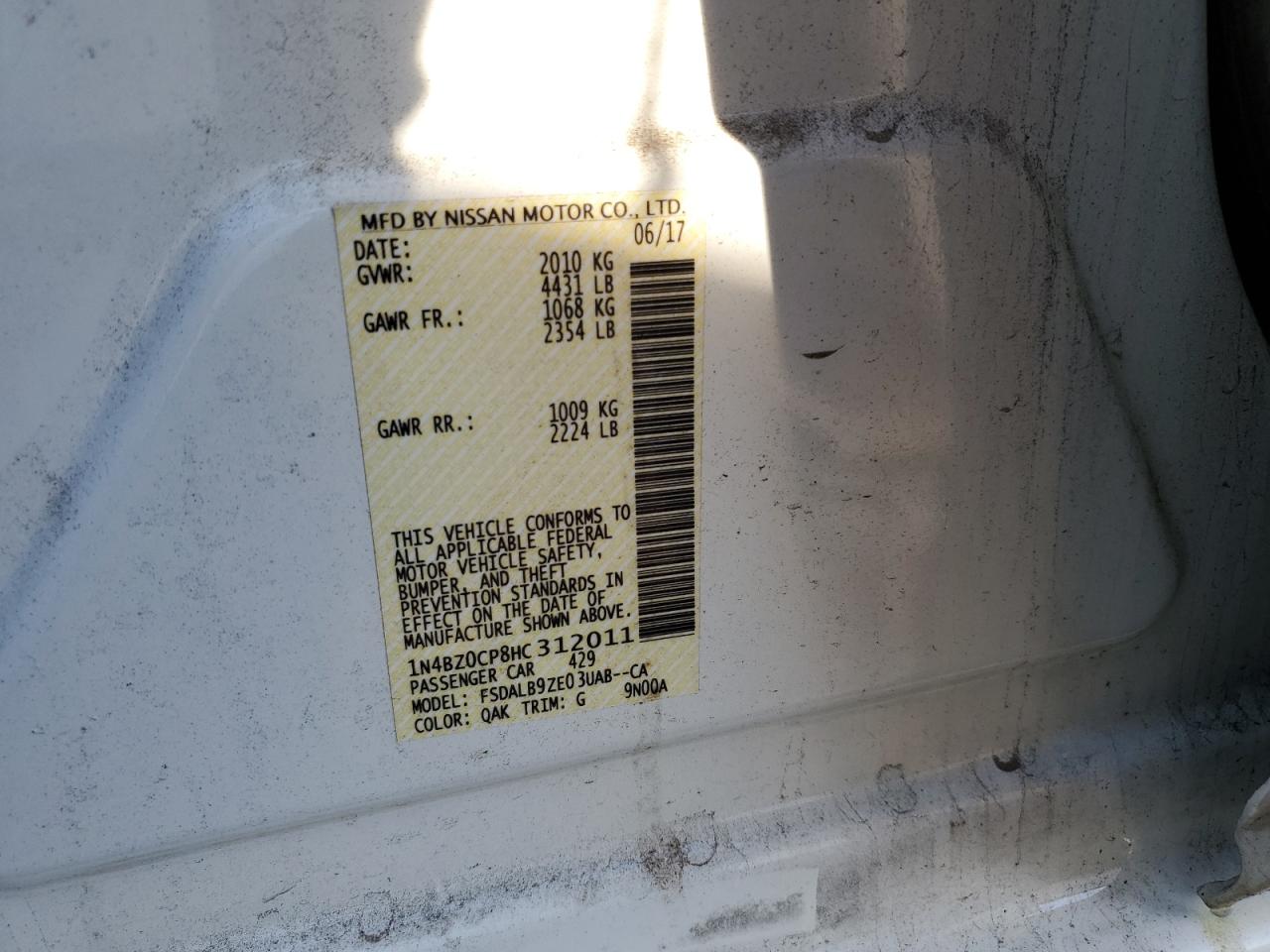 2017 Nissan Leaf VIN 1N4BZ0CP8HC312011 Copart auction photo, front end damage thumbnail 12