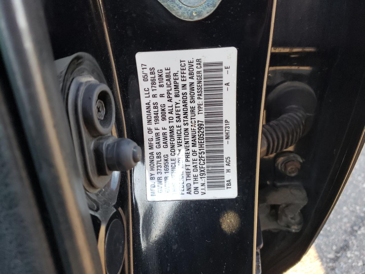 2017 Honda Civic VIN 19XFC2F51HE052997 Copart auction photo, rear end / front end damage thumbnail 12