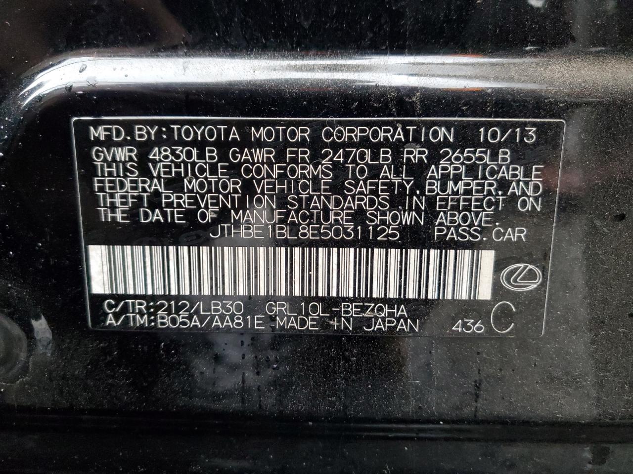 2014 Lexus GS VIN JTHBE1BL8E5031125 Copart auction photo, all over damage thumbnail 12