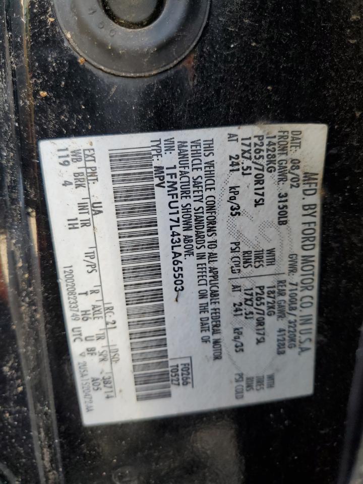2003 Ford Expedition VIN 1FMFU17L43LA65503 Copart auction photo, top/roof / front end damage thumbnail 13