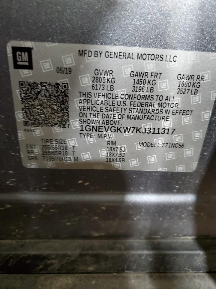 2019 Chevrolet Traverse VIN 1GNEVGKW7KJ311317 Copart auction photo, rear end / side damage thumbnail 13
