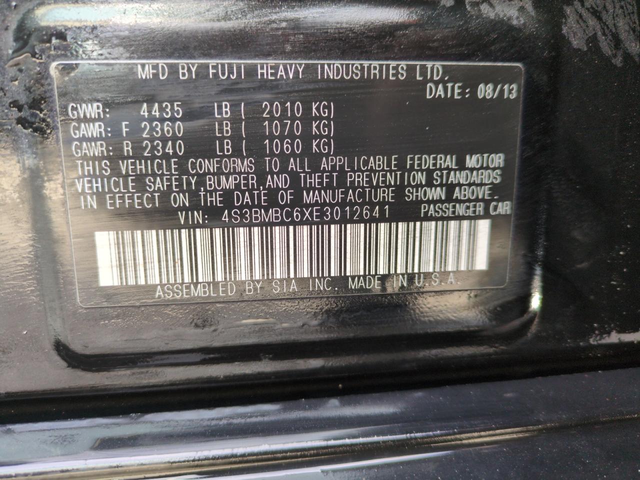 2014 Subaru Legacy VIN 4S3BMBC6XE3012641 Copart auction photo, side damage thumbnail 12