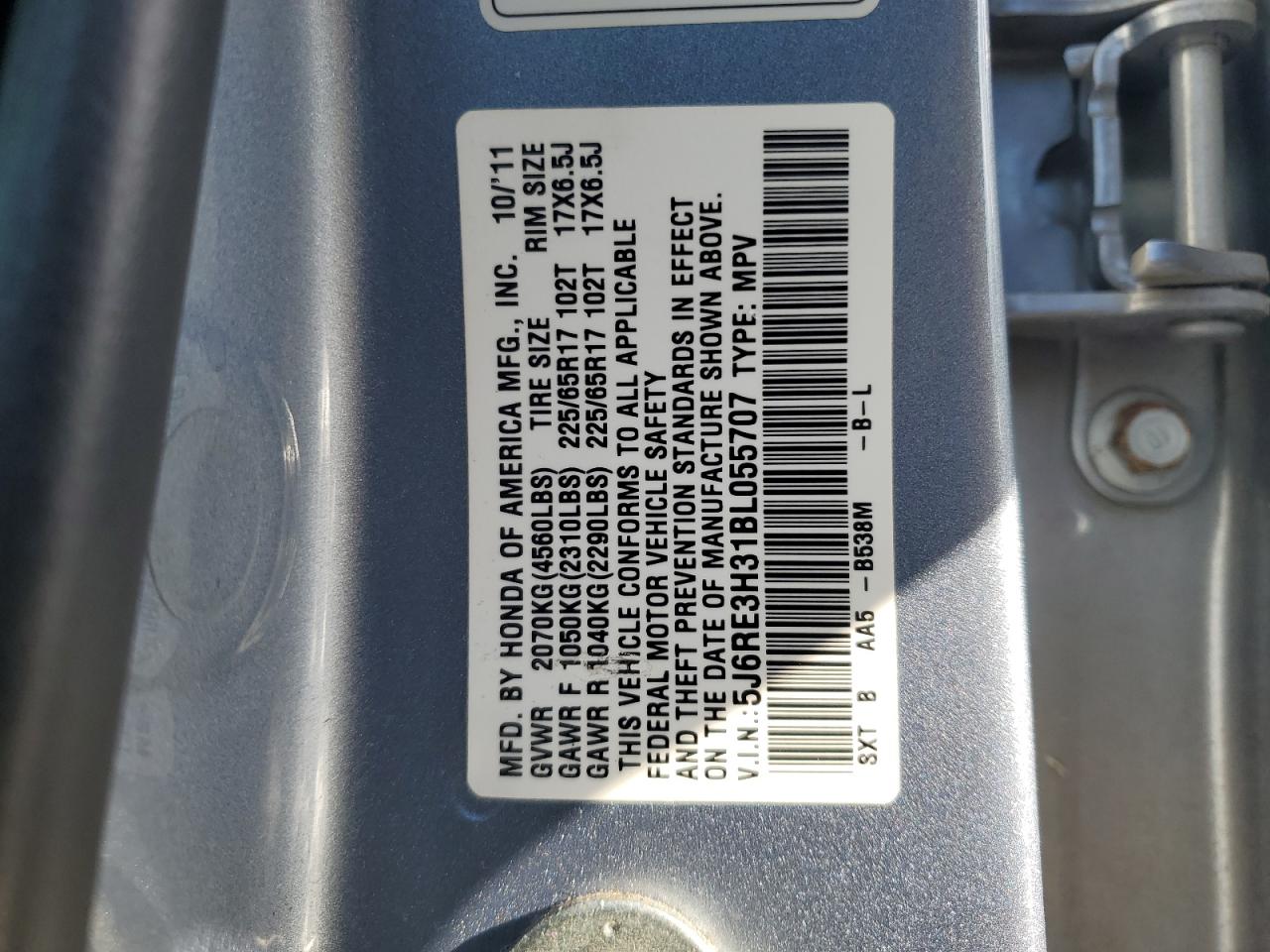 2011 Honda CR-V VIN 5J6RE3H31BL055707 Copart auction photo, front end damage thumbnail 13
