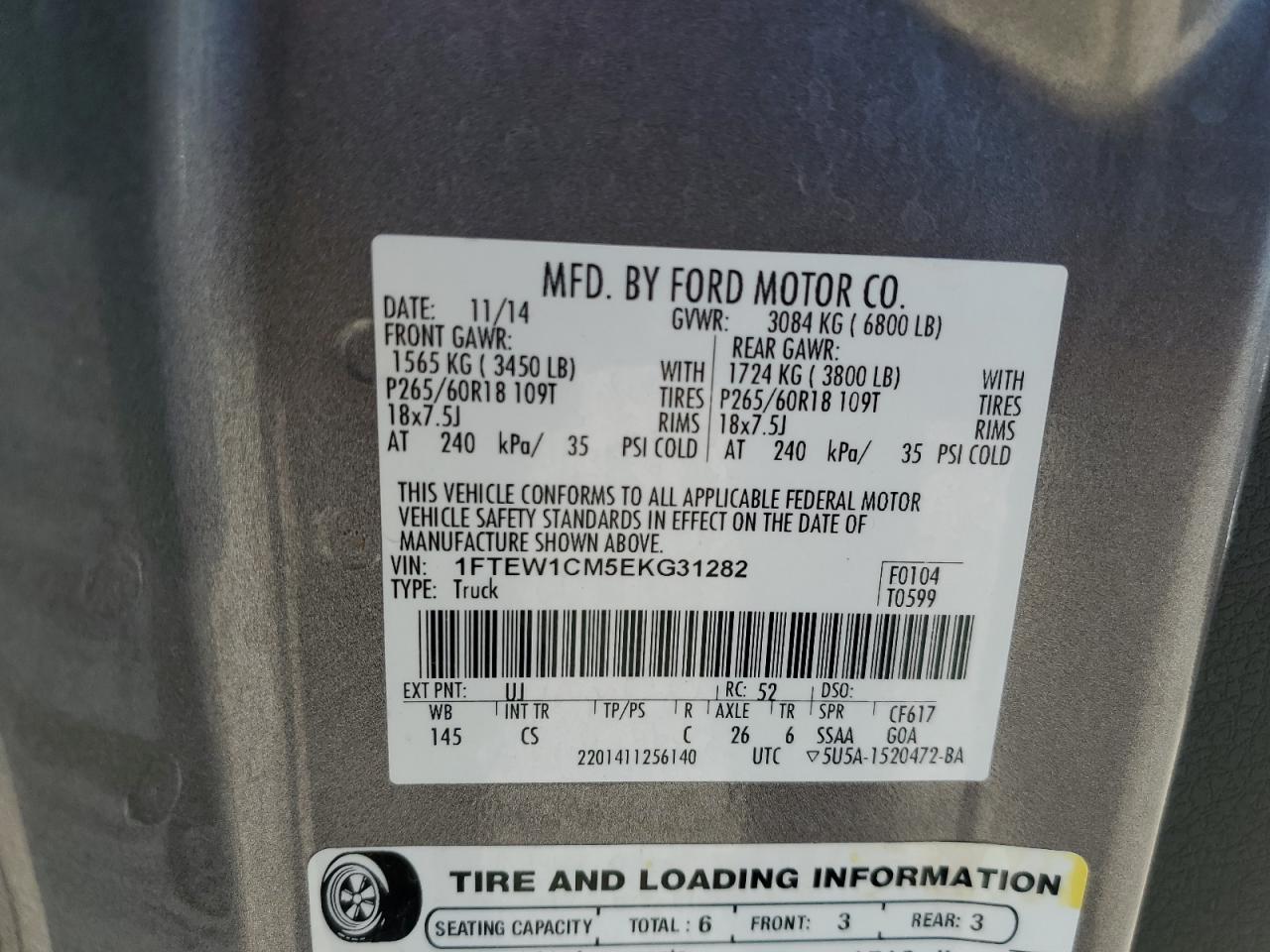 2014 Ford F-150 VIN 1FTEW1CM5EKG31282 Copart auction photo, rollover damage thumbnail 14
