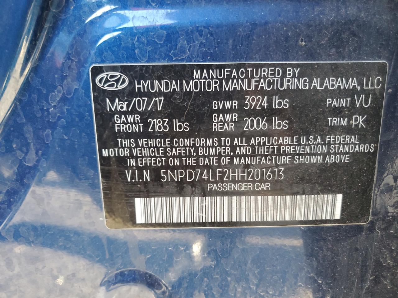 2017 Hyundai Elantra VIN 5NPD74LF2HH201613 Copart auction photo, minor dent/scratches damage thumbnail 12