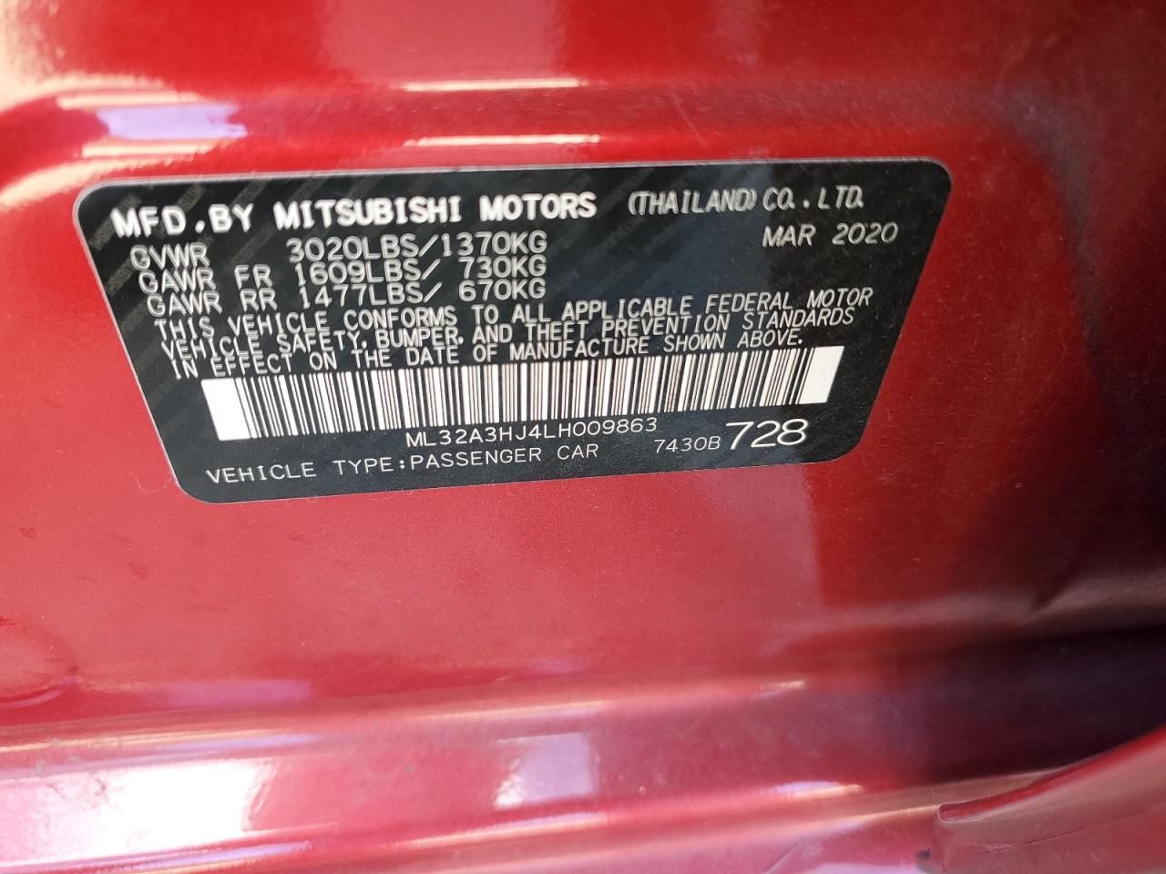 2020 Mitsubishi Mirage VIN ML32A3HJ4LH009863 Copart auction photo, front end / side damage thumbnail 15