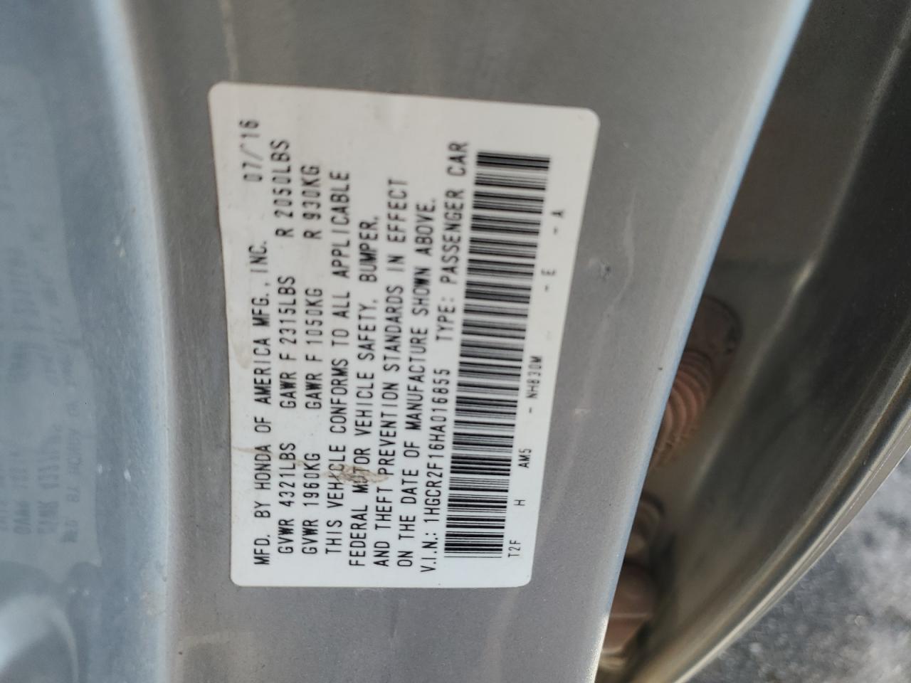 2017 Honda Accord VIN 1HGCR2F16HA016855 Copart auction photo, rear end / front end damage thumbnail 12