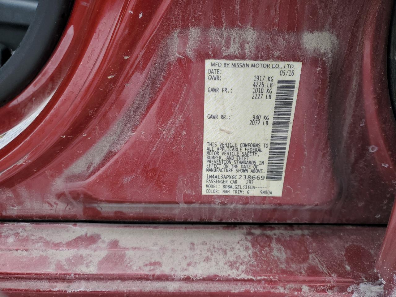 2016 Nissan Altima VIN 1N4AL3APXGC238669 Copart auction photo, front end / rear end damage thumbnail 12