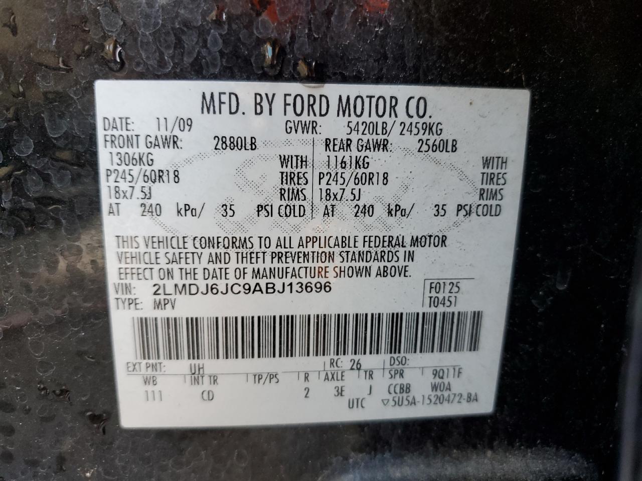 2010 Lincoln MKX VIN 2LMDJ6JC9ABJ13696 Copart auction photo, front end damage thumbnail 14