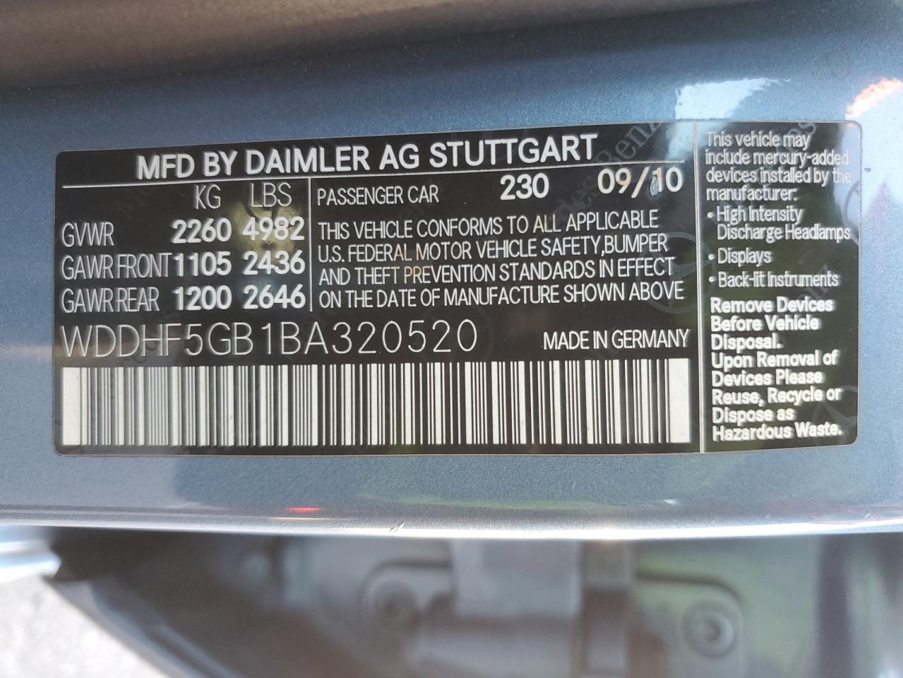 2011 Mercedes-Benz E-klasse VIN WDDHF5GB1BA320520 Copart auction photo, front end / side damage thumbnail 12