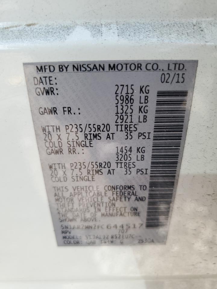 2015 Nissan Pathfinder VIN 5N1AR2MN2FC644517 Copart auction photo, rear end / all over damage thumbnail 14