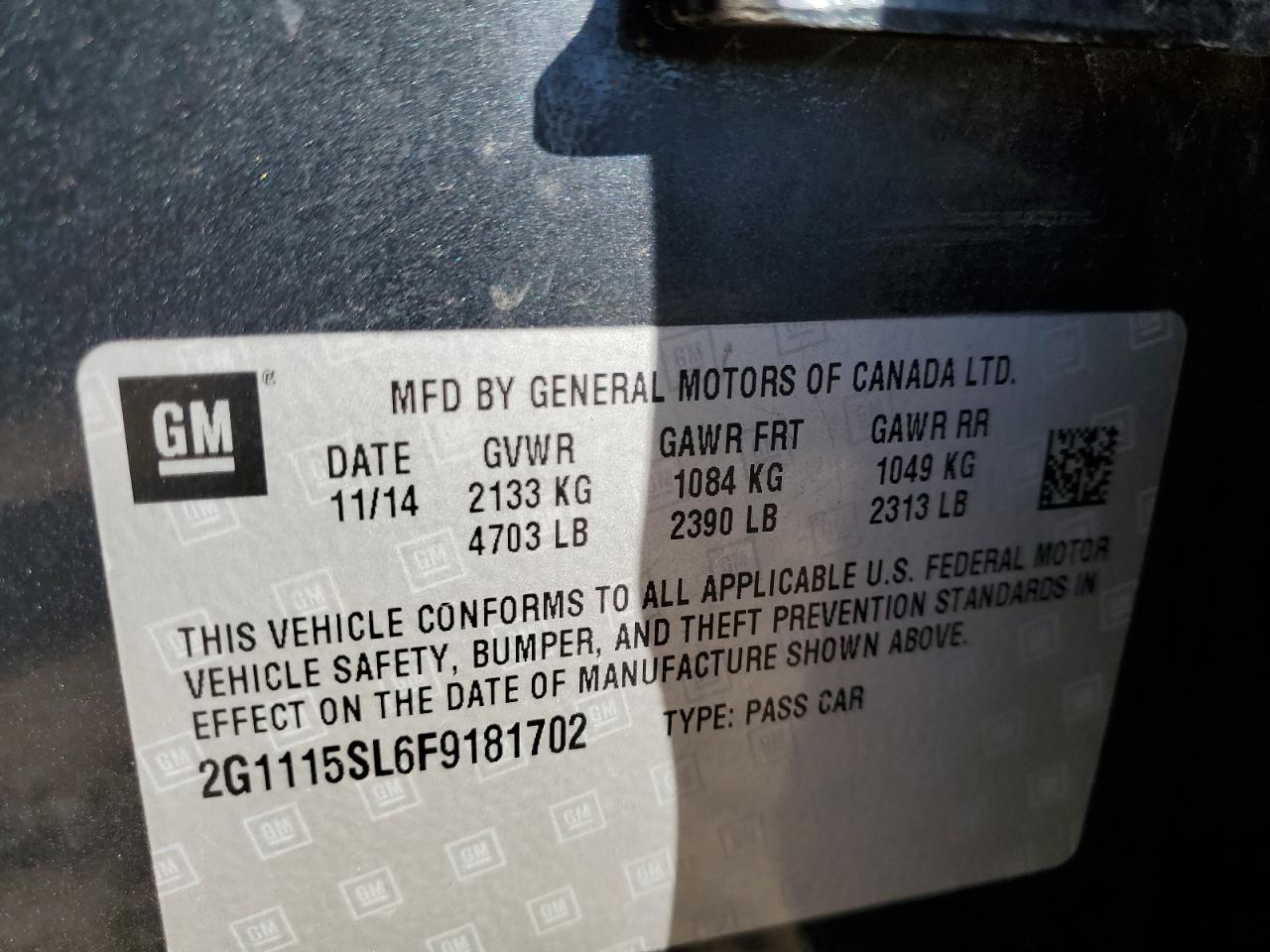 2015 Chevrolet Impala VIN 2G1115SL6F9181702 Copart auction photo, rear end / minor dent/scratches damage thumbnail 13