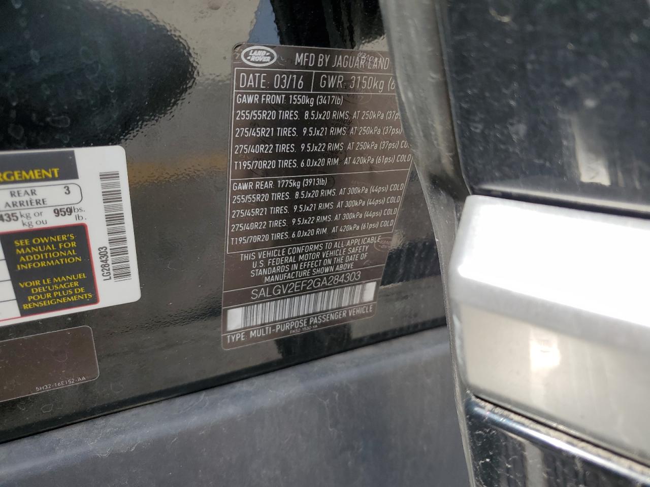 2016 Land Rover Range Rover VIN SALGV2EF2GA284303 Copart auction photo, rear end damage thumbnail 12