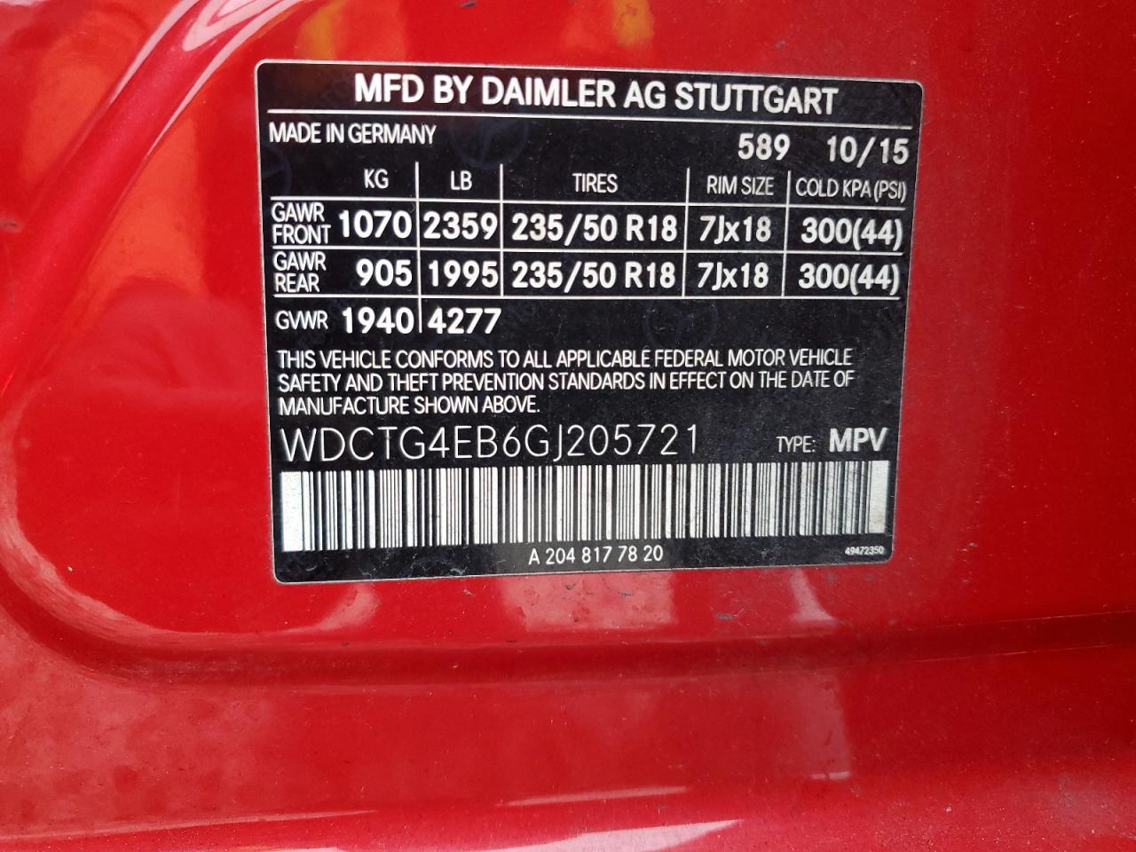 2016 Mercedes-Benz GLA-klasse VIN WDCTG4EB6GJ205721 Copart auction photo, front end damage thumbnail 12