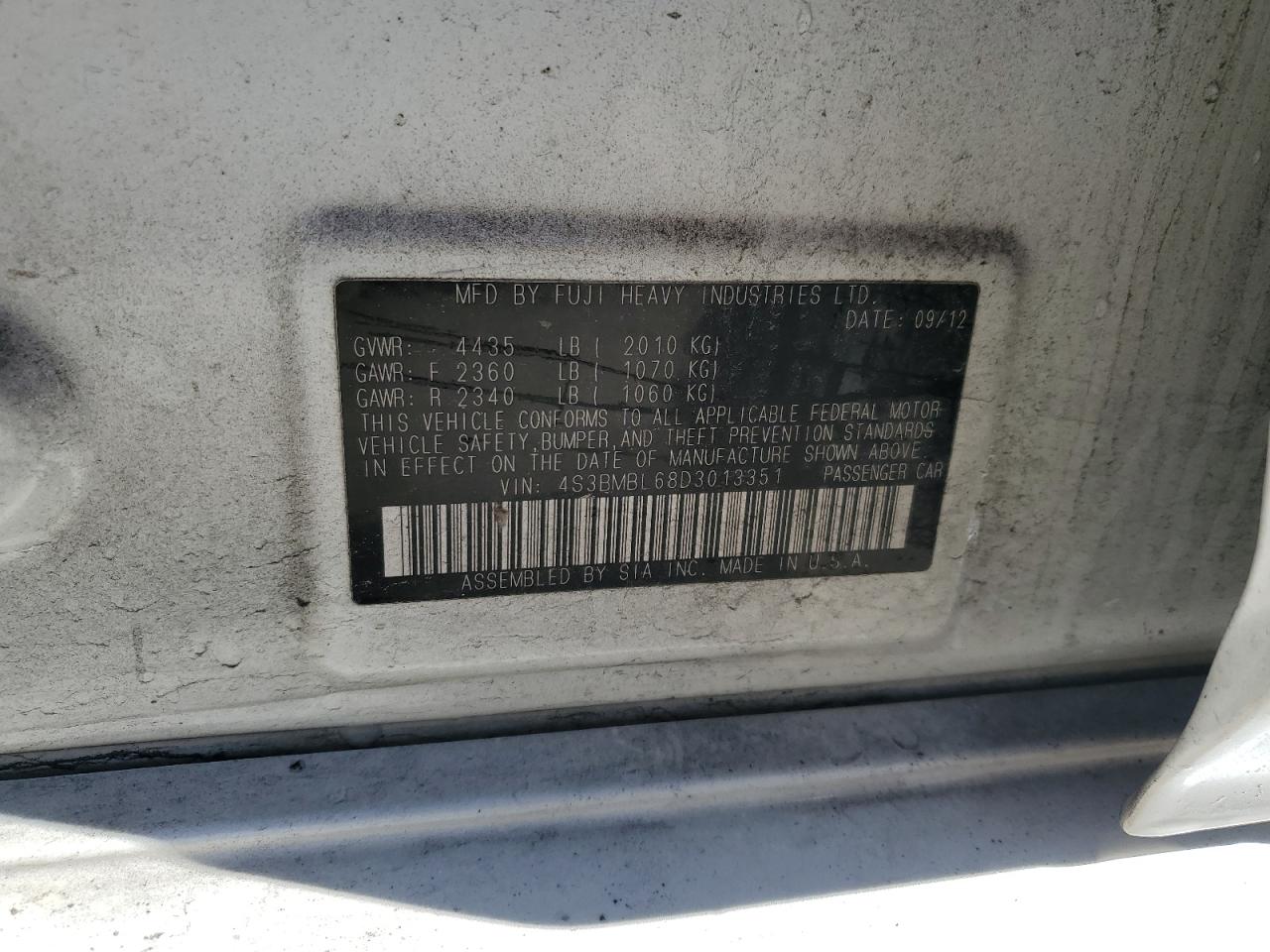 2013 Subaru Legacy VIN 4S3BMBL68D3013351 Copart auction photo, side damage thumbnail 13