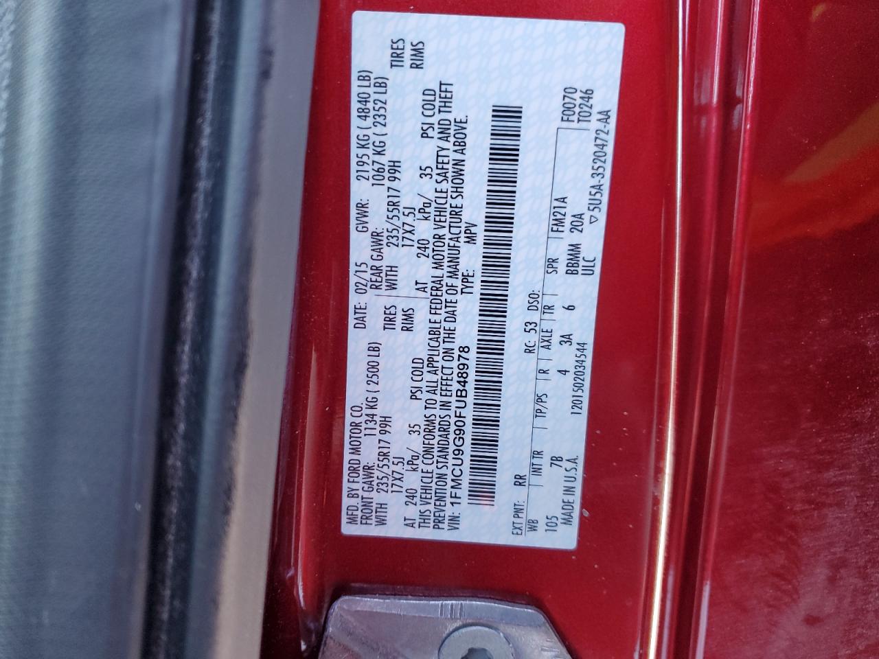 2015 Ford Escape VIN 1FMCU9G90FUB48978 Copart auction photo, front end damage thumbnail 15