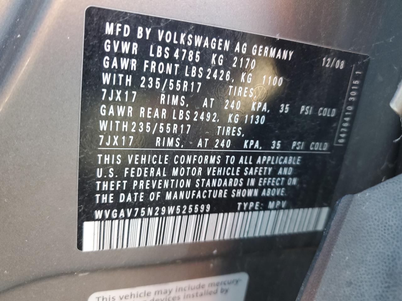 2009 Volkswagen Tiguan VIN WVGAV75N29W525599 Copart auction photo, front end / rear end damage thumbnail 12