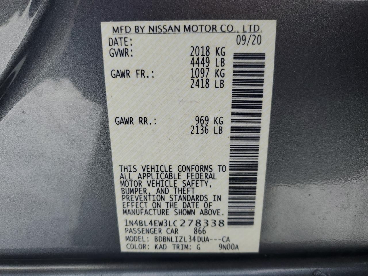 2020 Nissan Altima VIN 1N4BL4EW3LC278338 Copart auction photo, rear end damage thumbnail 12
