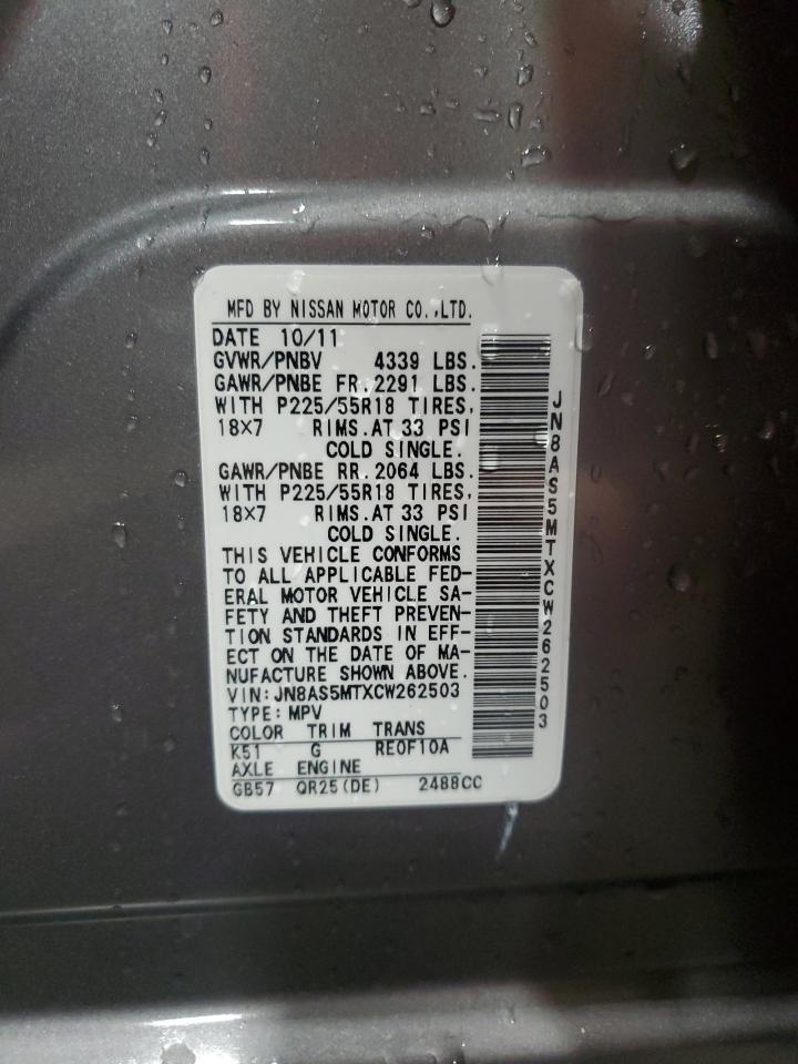 2012 Nissan Rogue VIN JN8AS5MTXCW262503 Copart auction photo, all over damage thumbnail 15