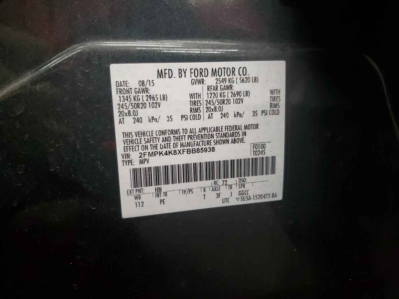 2015 Ford Edge VIN 2FMPK4K8XFBB85938 Copart auction photo, rear end damage thumbnail 13