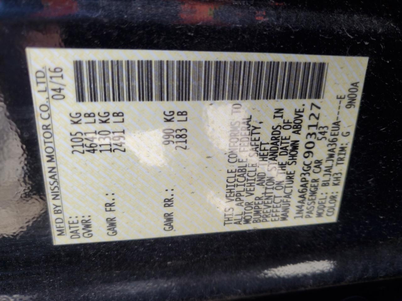 2016 Nissan Maxima VIN 1N4AA6AP3GC903127 Copart auction photo, front end / side damage thumbnail 12