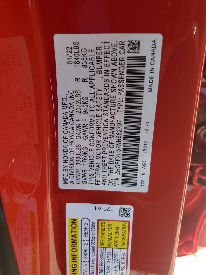 2022 Honda Civic VIN 2HGFE2F57NH562797 Copart auction photo, side / front end damage thumbnail 14
