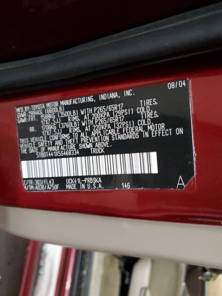 2005 Toyota Tundra VIN 5TBDT441X5S468334 Copart auction photo, front end / side damage thumbnail 12