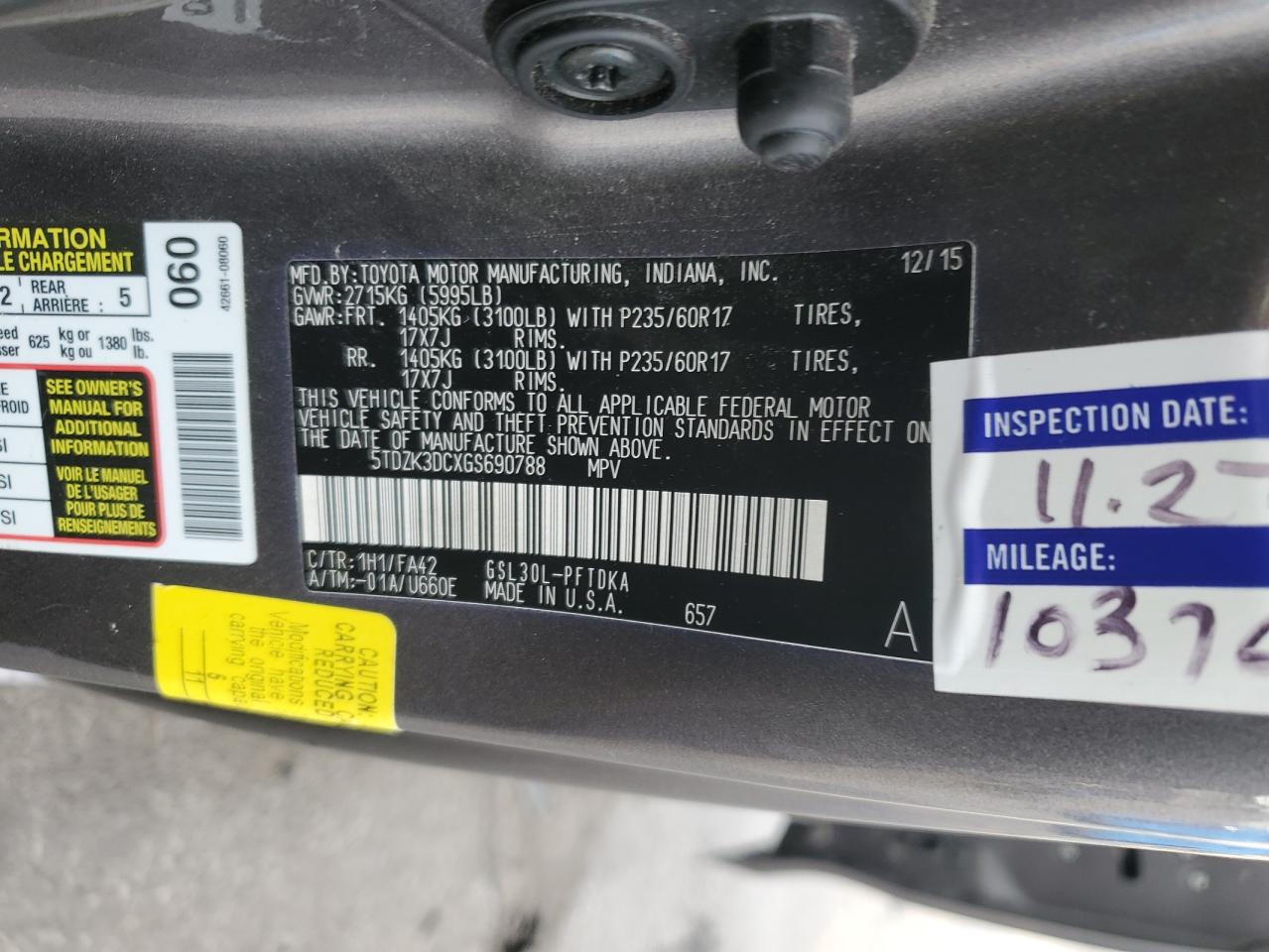 2016 Toyota Sienna VIN 5TDZK3DCXGS690788 Copart auction photo, front end damage thumbnail 15