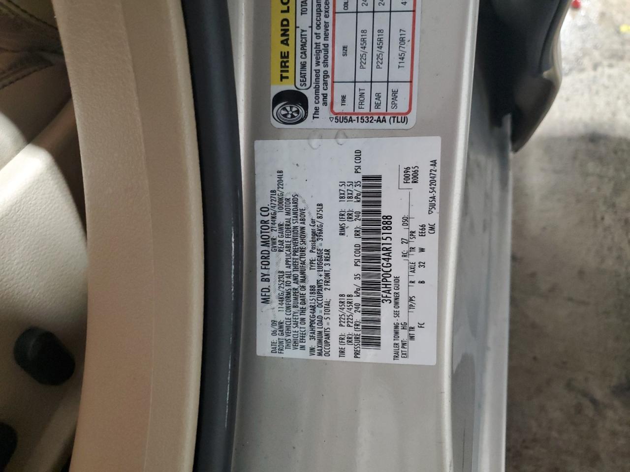 2010 Ford Fusion VIN 3FAHP0CG4AR151888 Copart auction photo, front end damage thumbnail 12