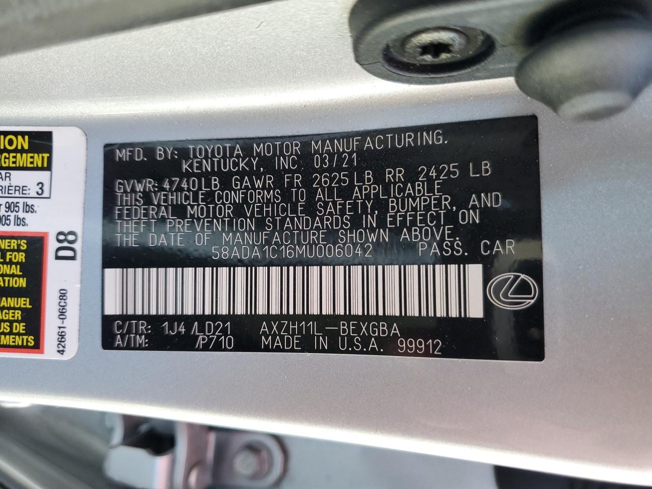 2021 Lexus ES VIN 58ADA1C16MU006042 Copart auction photo, water/flood / minor dent/scratches damage thumbnail 13