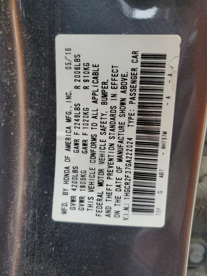 2016 Honda Accord VIN 1HGCR2F37GA222024 Copart auction photo, front end / side damage thumbnail 13