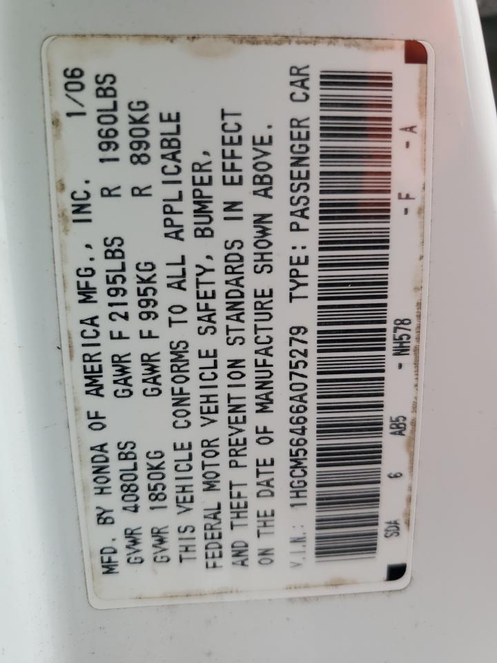 2006 Honda Accord VIN 1HGCM56466A075279 Copart auction photo, front end damage thumbnail 12