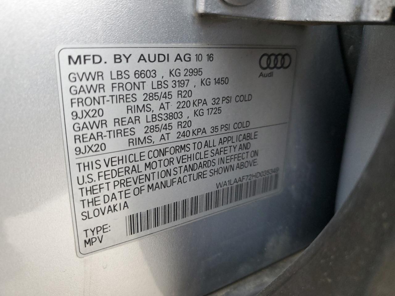 2017 Audi Q7 VIN WA1LAAF72HD035349 Copart auction photo, front end / hail damage thumbnail 15