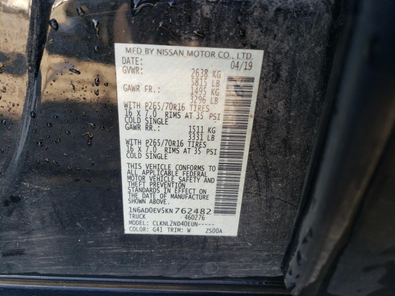 2019 Nissan Navara (Frontier) VIN 1N6AD0EV5KN762482 Copart auction photo, front end damage thumbnail 13