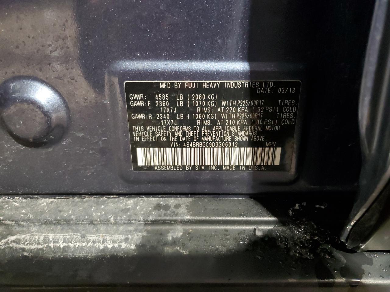 2013 Subaru Outback VIN 4S4BRBGC9D3306012 Copart auction photo, front end damage thumbnail 13