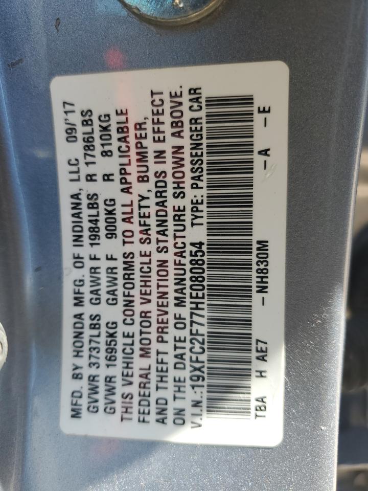 2017 Honda Civic VIN 19XFC2F77HE080854 Copart auction photo, rear end / side damage thumbnail 12
