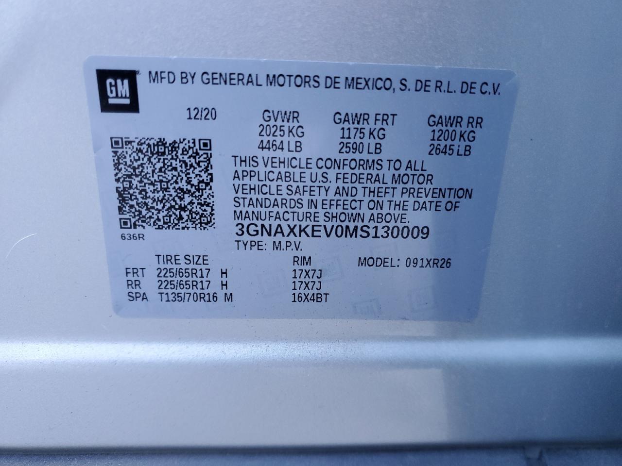 2021 Chevrolet Equinox VIN 3GNAXKEV0MS130009 Copart auction photo, rear end / side damage thumbnail 12