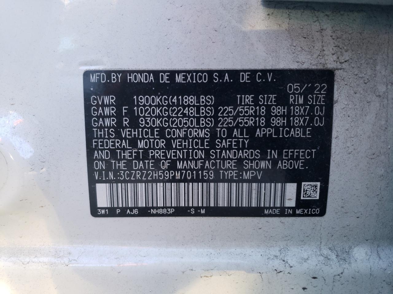 2023 Honda HR-V VIN 3CZRZ2H59PM701159 Copart auction photo, front end damage thumbnail 13