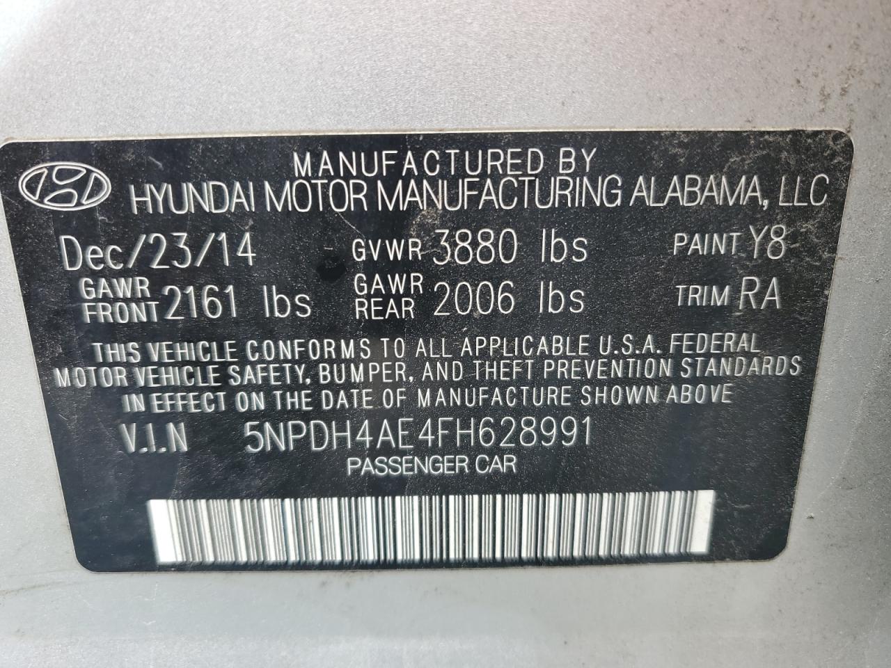 2015 Hyundai Elantra VIN 5NPDH4AE4FH628991 Copart auction photo, front end damage thumbnail 13