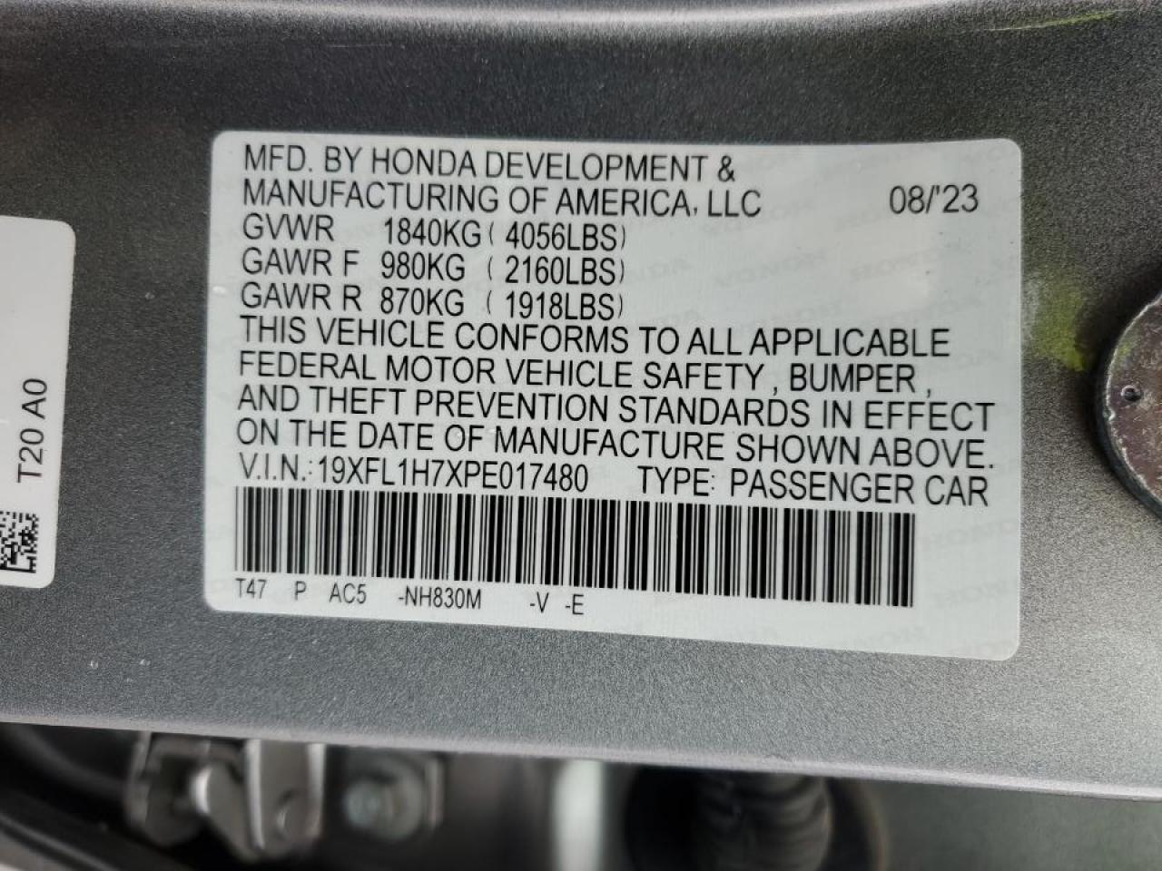 2023 Honda Civic VIN 19XFL1H7XPE017480 Copart auction photo, front end damage thumbnail 13