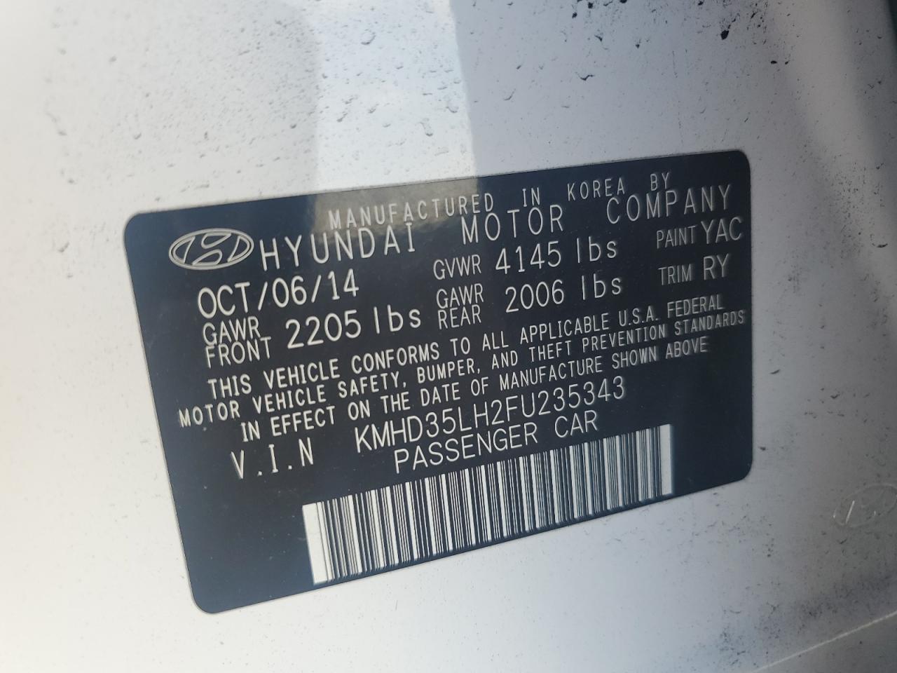 2015 Hyundai Elantra VIN KMHD35LH2FU235343 Copart auction photo, rear end damage thumbnail 12