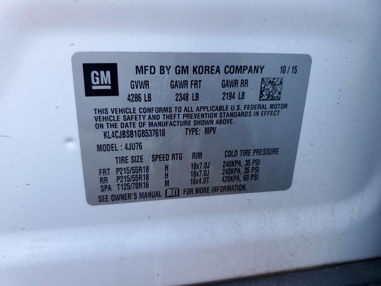2016 Buick Encore VIN KL4CJBSB1GB537618 Copart auction photo, front end damage thumbnail 14