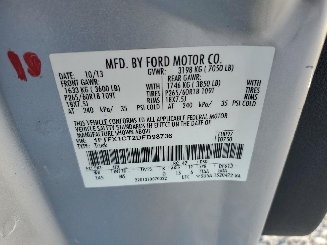 2013 Ford F-150 VIN 1FTFX1CT2DFD98736 Copart auction photo, front end damage thumbnail 12