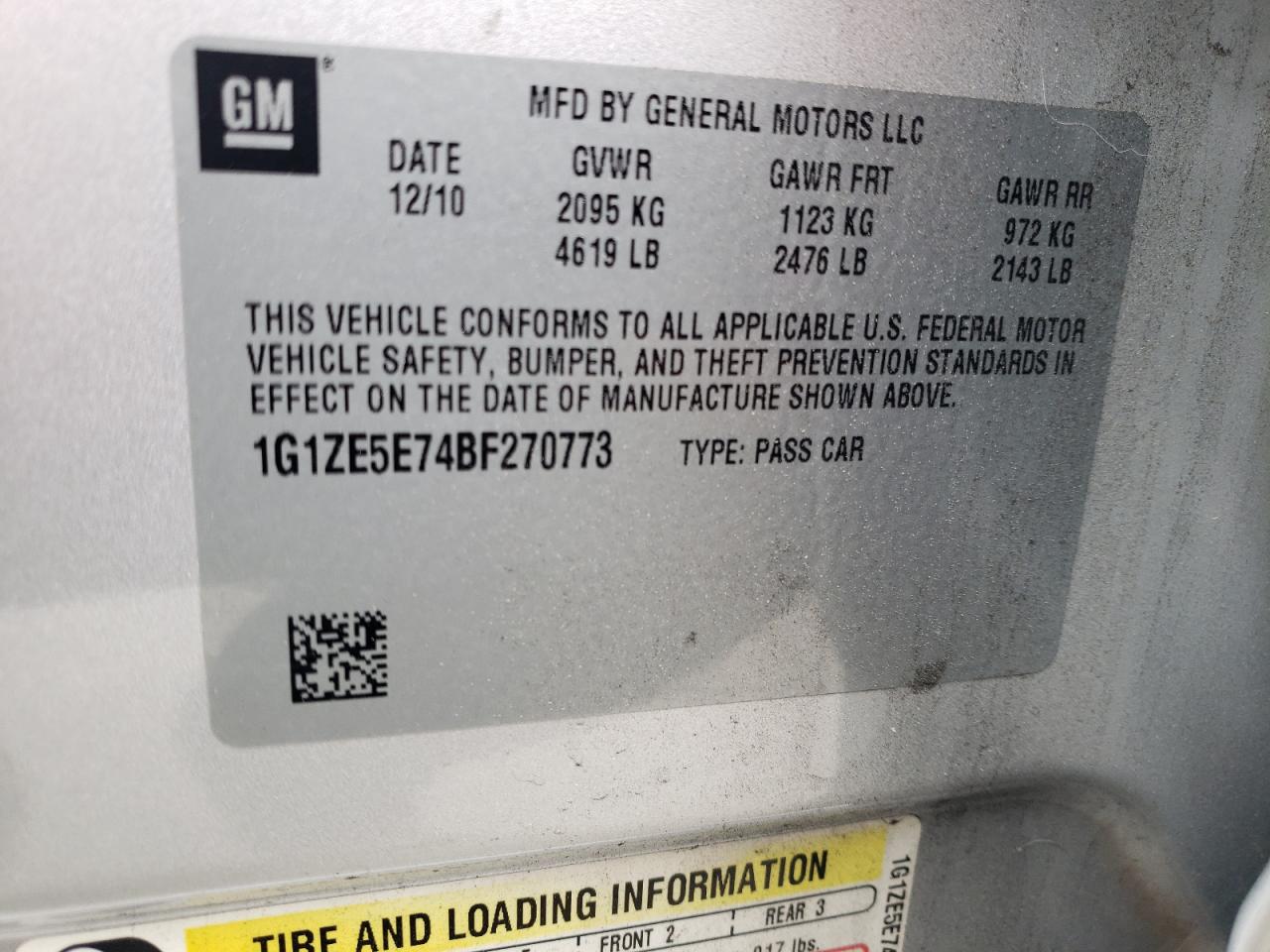 2011 Chevrolet Malibu VIN 1G1ZE5E74BF270773 Copart auction photo, front end damage thumbnail 14