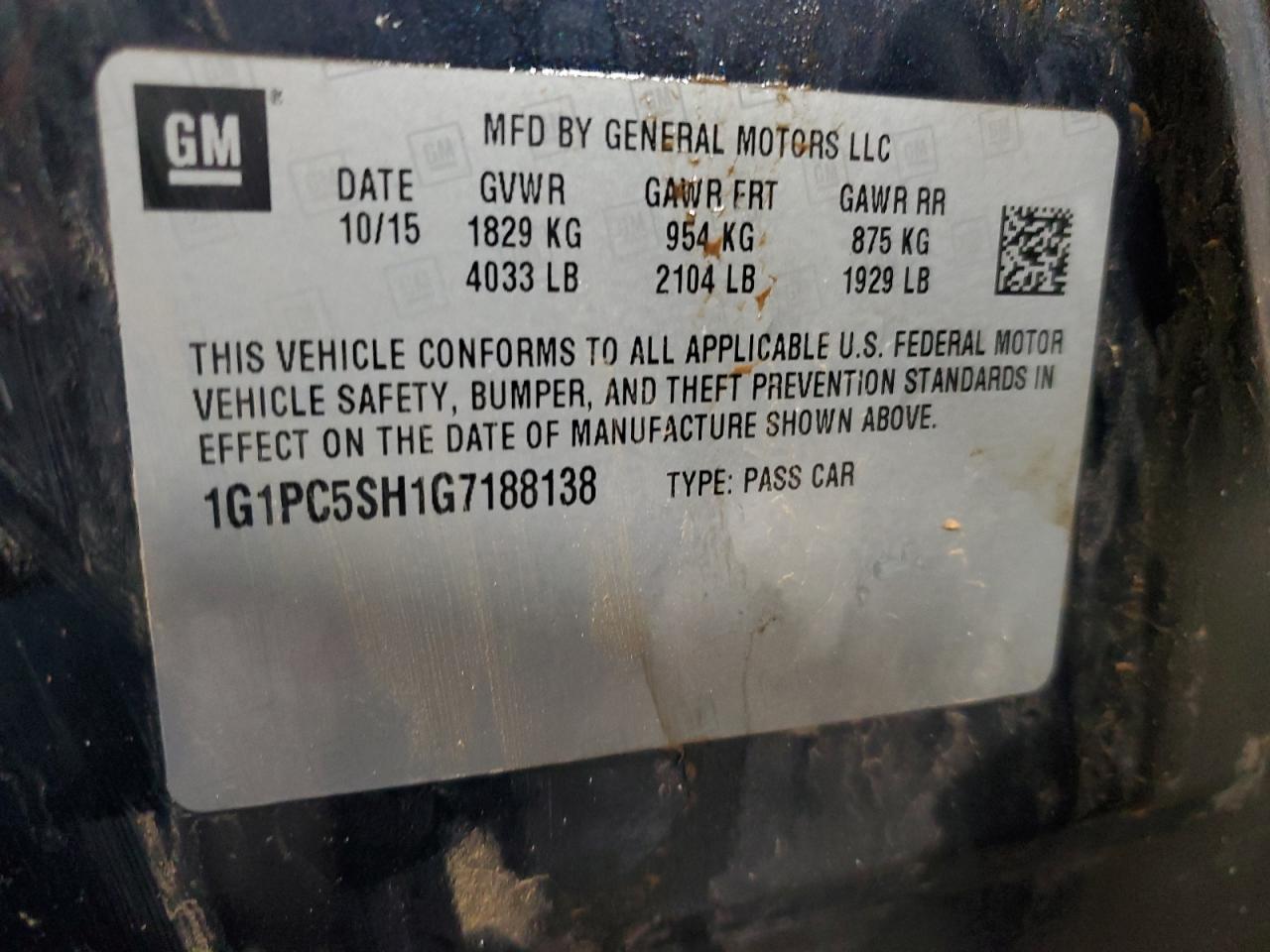 2016 Chevrolet Cruze VIN 1G1PC5SH1G7188138 Copart auction photo, mechanical / minor dent/scratches damage thumbnail 12