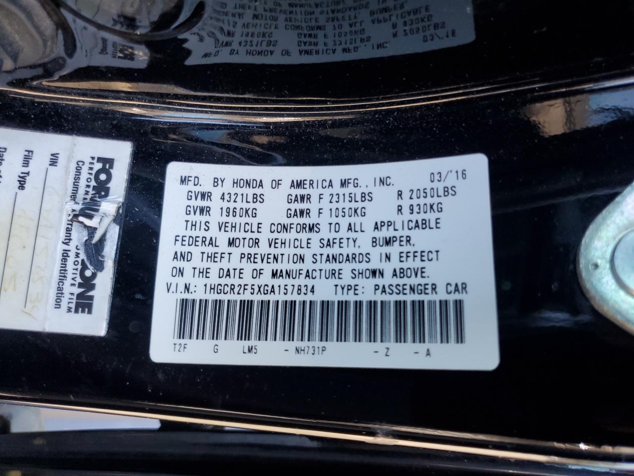 2016 Honda Accord VIN 1HGCR2F5XGA157834 Copart auction photo, front end / undercarriage damage thumbnail 14