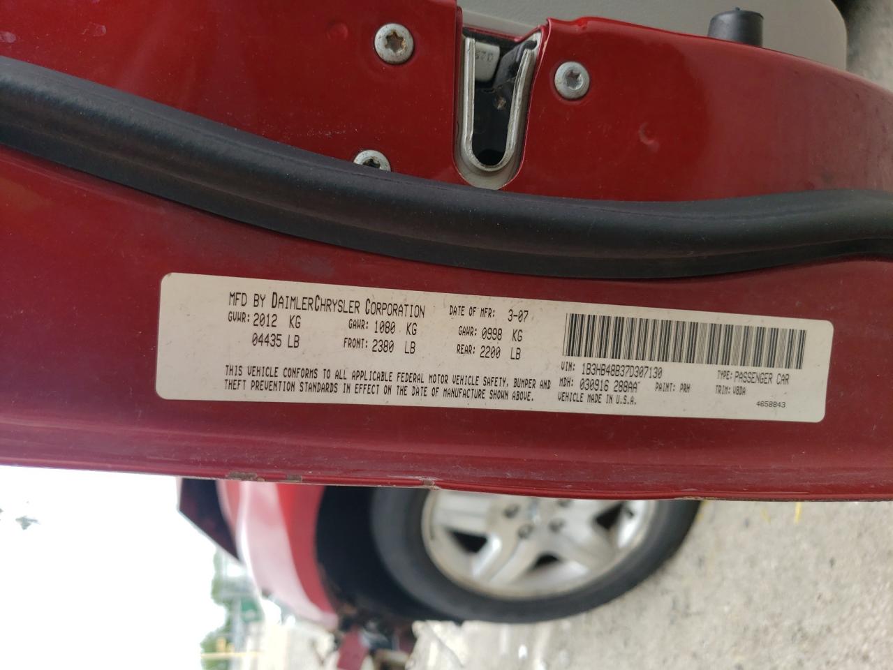 2007 Dodge Caliber VIN 1B3HB48B37D307130 Copart auction photo, front end damage thumbnail 13