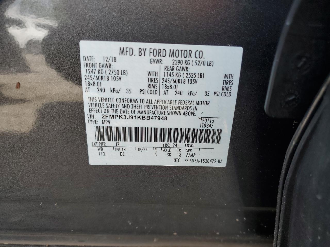 2019 Ford Edge VIN 2FMPK3J91KBB47948 Copart auction photo, water/flood damage thumbnail 14