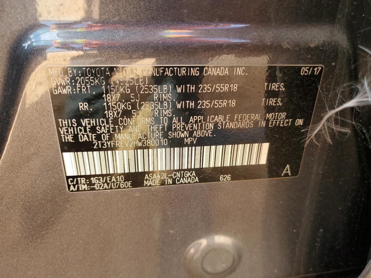2017 Toyota RAV 4 VIN 2T3YFREV2HW380010 Copart auction photo, front end damage thumbnail 13